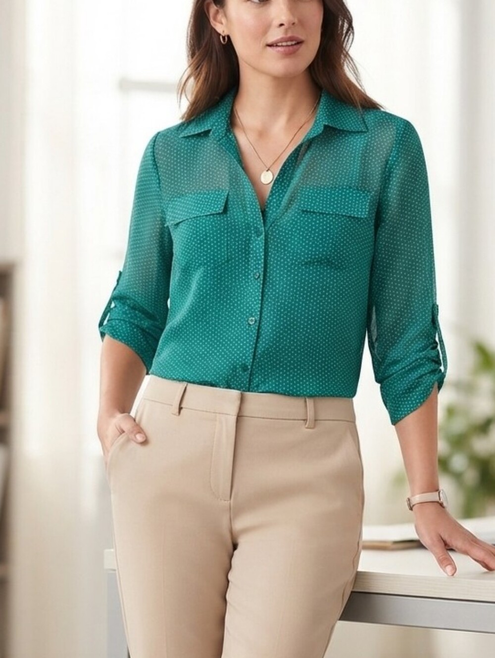 New York & Company Polka Dot Roll Tab Button Down Blouse Small